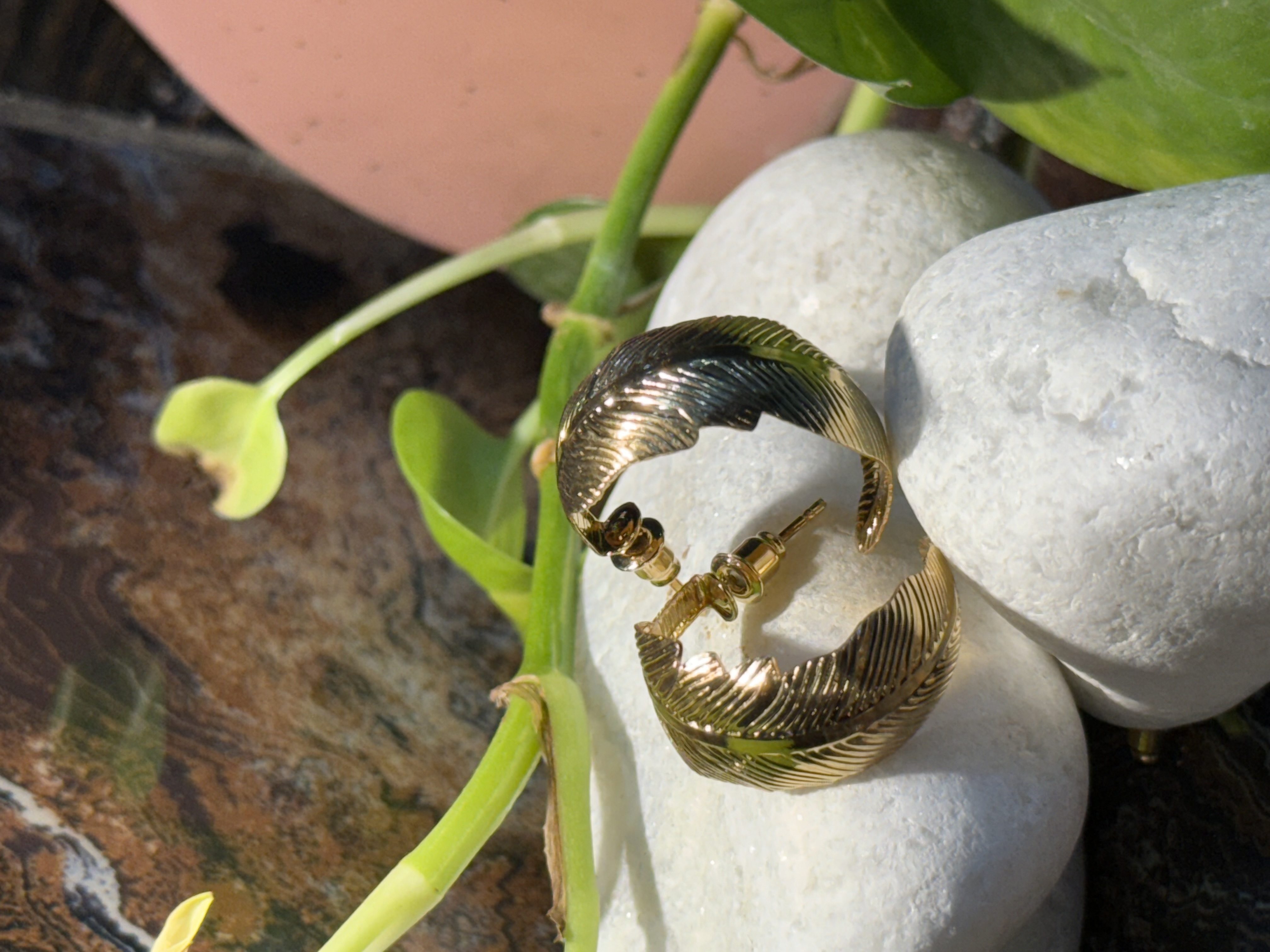 Gold feather drops anti tarnish earrings