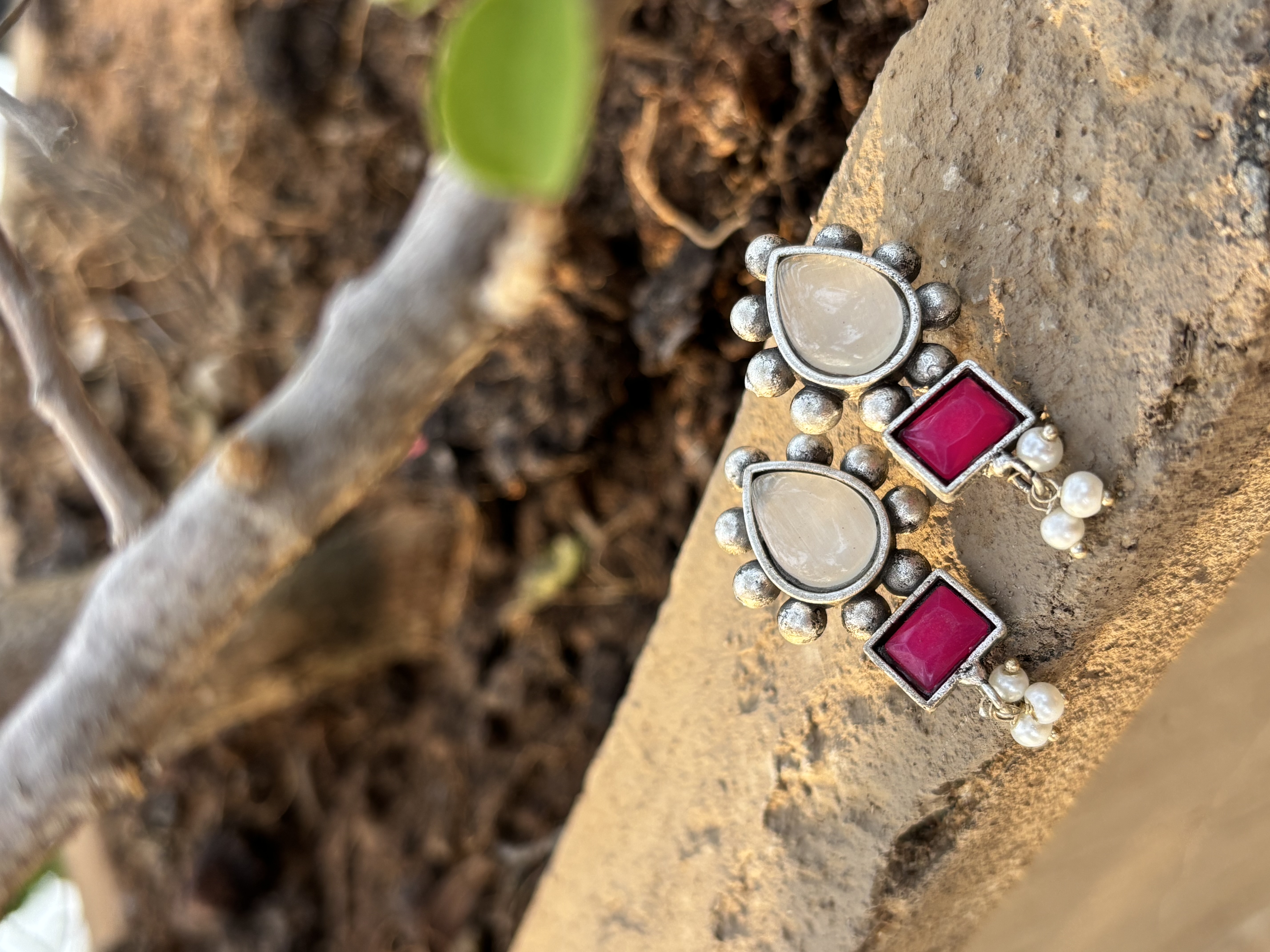 Rosy Mist Silver Oxidized Earrings 