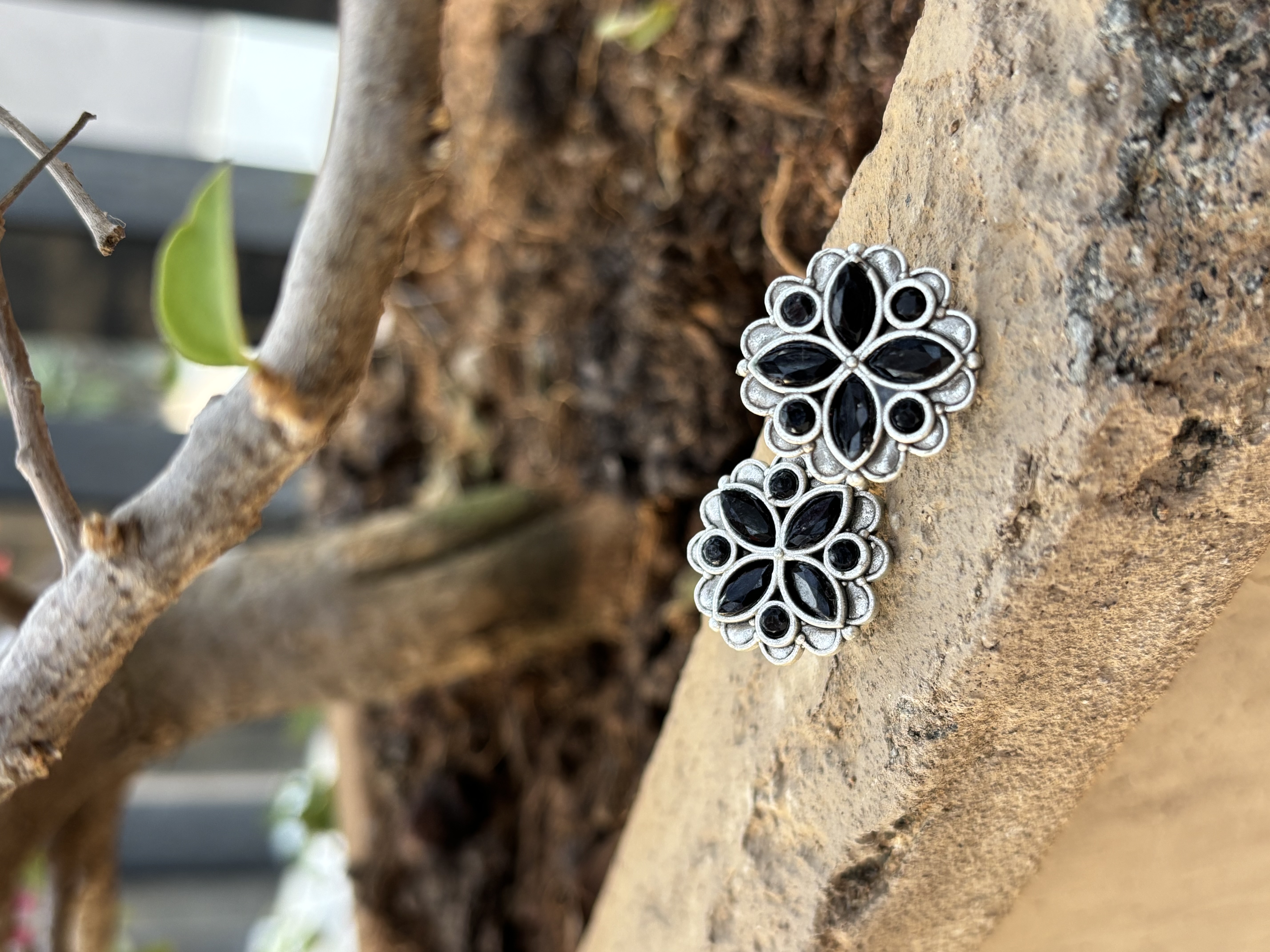 BossBloom Silver Oxidized Earrings